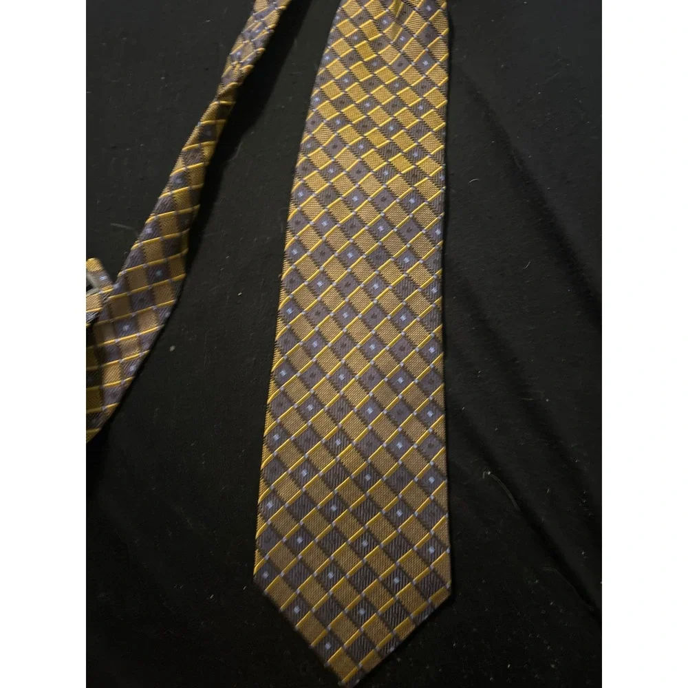 Valerio Garati Mens Silk Tie Gold Navy Blue Geometric‎ Check Hand Made Necktie